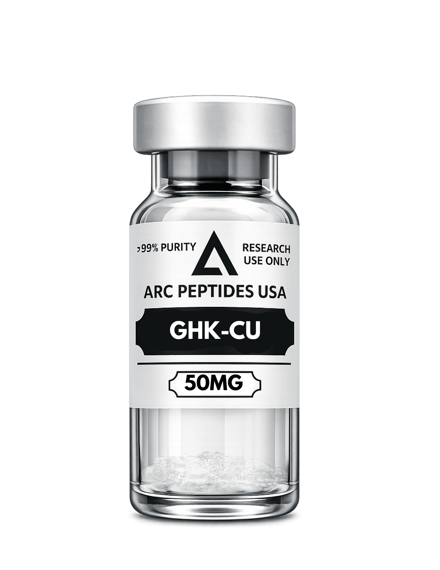 ARC GHK-Cu 50 mg vial: silver cap, white label printed with >99% PURITY, RESEARCH USE ONLY, ARC PEPTIDES USA and a black GHK-CU name band